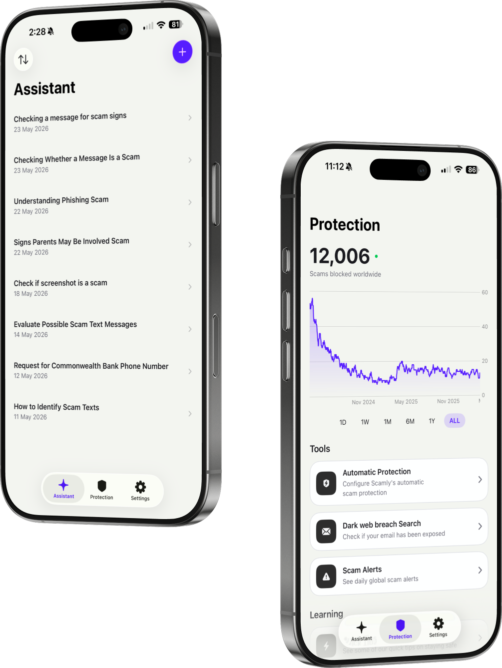 Scamly app showing fraud detection features on mobile phones